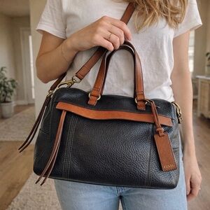 FOSSIL Molly Black Pebbled Leather Satchel Crossbody Bag Brown Leather Trim